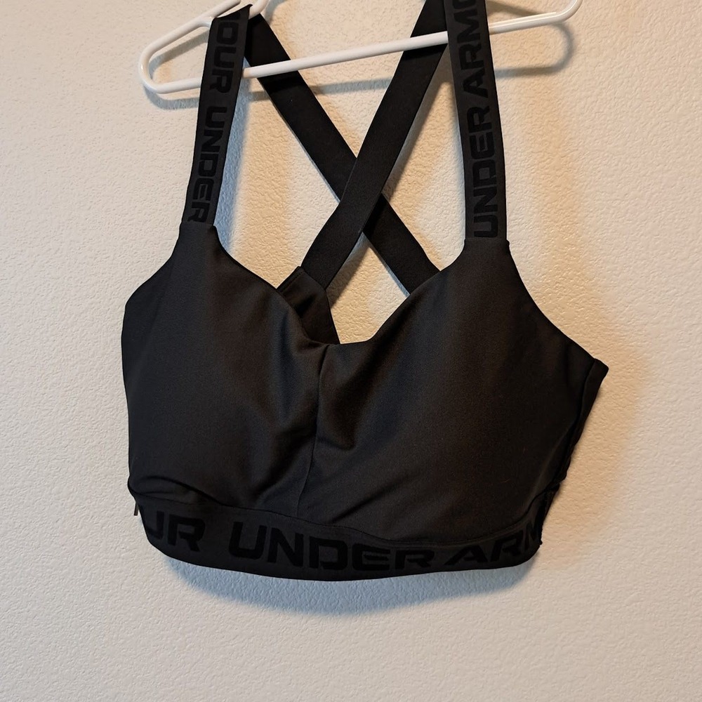 Under Armour Womens Wordmark Strappy Sport Bra Black Crossback Large PADDED